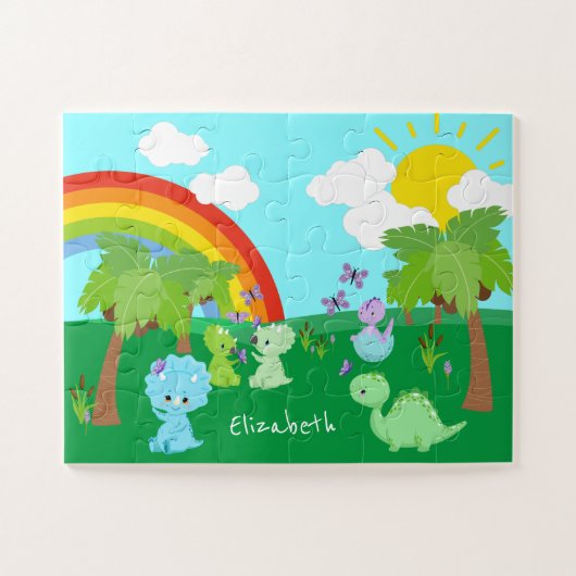 Baby Dinosaurs with Butterflies, Rainbow und Sun Puzzle (Horizontal)