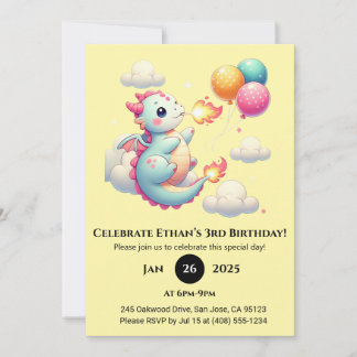 Baby-Drache mit Luftballons im Himmel Geburtstag Einladung