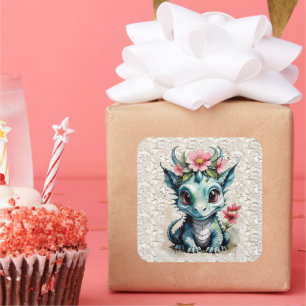 Baby-Drache mit rosa Blumen und Spitze Quadratischer Aufkleber