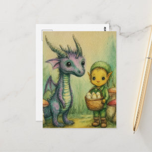 Baby-Drache und Elf mit Eiern Postkarte