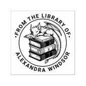 Baby Dragon Sleeping on Book Stack Library Name Permastempel (Design)