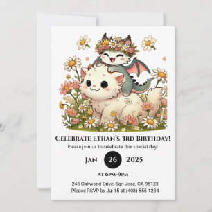 Baby Dragon und Fluffy Cat in Blume Geburtstag Einladung