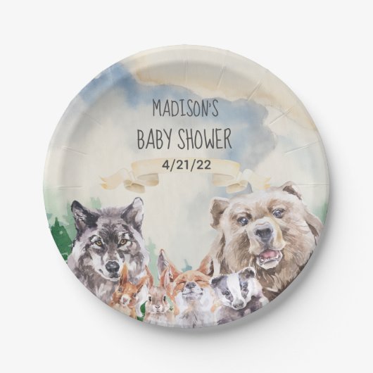Baby Dusche Adorable Woodland Tiere Wasserfarbe Pappteller (Vorderseite)