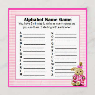 Baby Dusche Alphabet Name & Bingo Spiel Pink Bunny Einladung