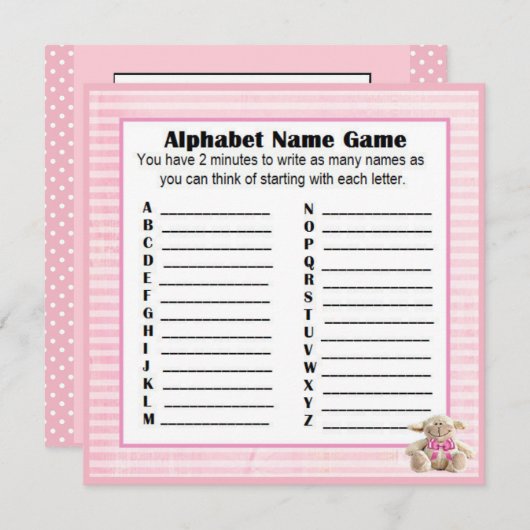 Baby Dusche Alphabet Name & Bingo Spiel Pink Lamm Einladung (Vorne/Hinten)