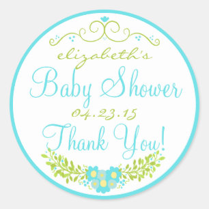 Baby Dusche Aqua Blau und grüne Blüte Runder Aufkleber
