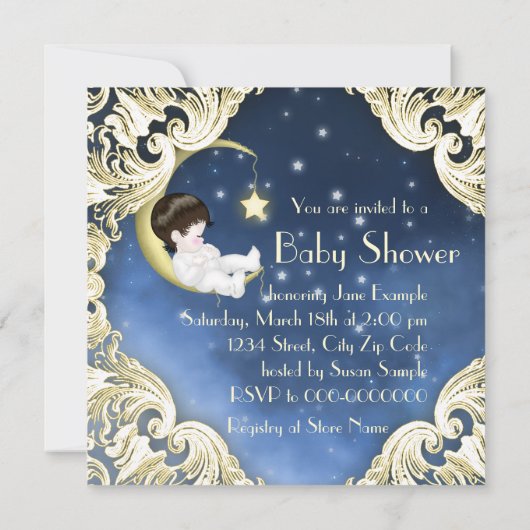 Baby-Dusche aus blau und gelb moon Einladung (Rückseite)