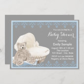 Baby-Dusche aus grauem und blauem Teddy Bear Einladung (Vorne/Hinten)