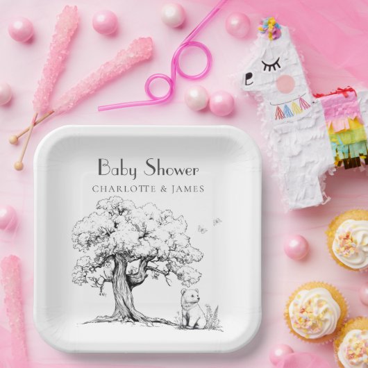 Baby-Dusche aus schwarzem und weißem Wald Pappteller (Party)