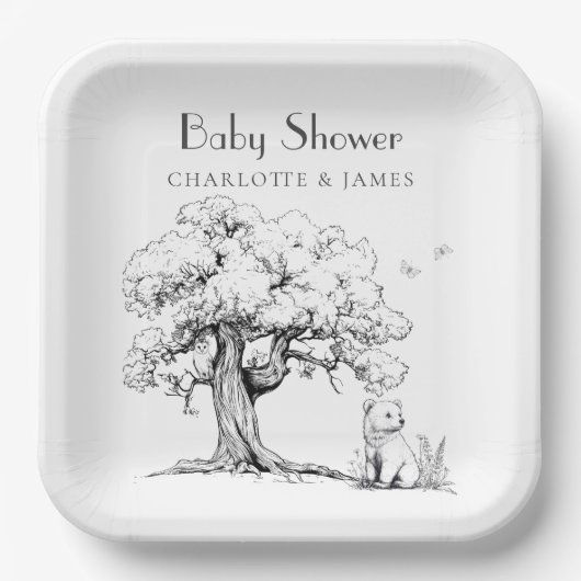 Baby-Dusche aus schwarzem und weißem Wald Pappteller (Vorderseite)