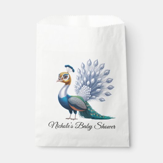Baby-Dusche aus weißem und goldfarbenem Pfau Geschenktütchen (Vorderseite)