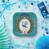 Baby-Dusche aus weißem und goldfarbenem Pfau Pappteller (Party)