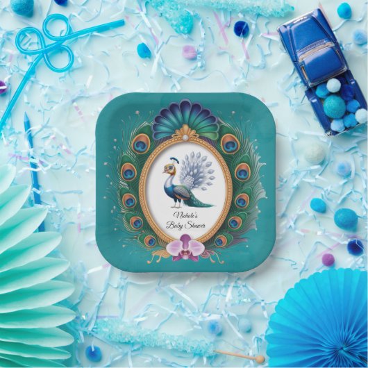 Baby-Dusche aus weißem und goldfarbenem Pfau Pappteller (Party)