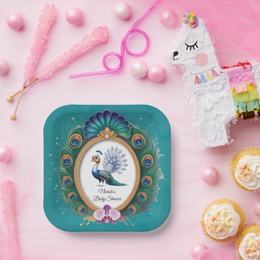 Baby-Dusche aus weißem und goldfarbenem Pfau Pappteller (Party)