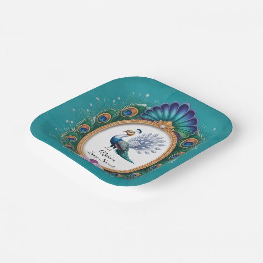 Baby-Dusche aus weißem und goldfarbenem Pfau Pappteller (Gewinkelt)