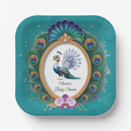 Baby-Dusche aus weißem und goldfarbenem Pfau Pappteller