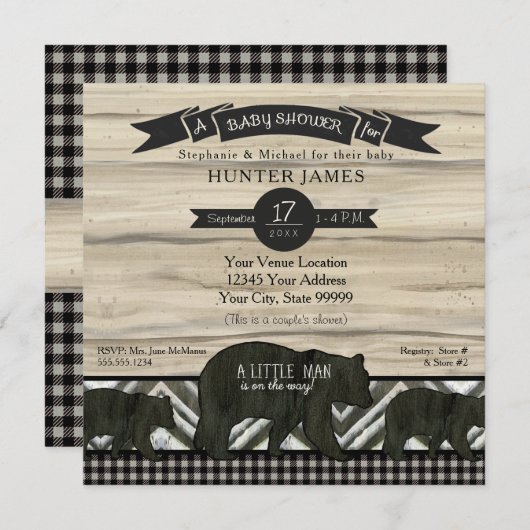 Baby Dusche Bear Wald Wald Lumberjack Kariert Einladung (Vorne/Hinten)