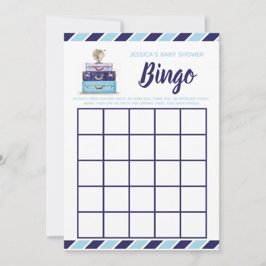 Baby Dusche Bingo Blue Reise-Thema Spiel Einladung (Vorderseite)