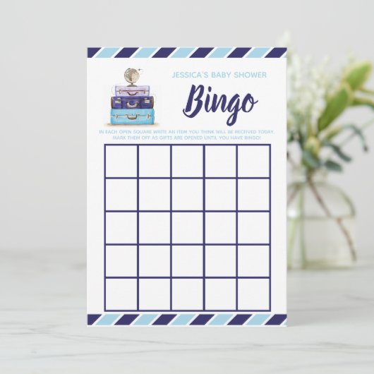 Baby Dusche Bingo Blue Reise-Thema Spiel Einladung (Stehend Vorderseite)