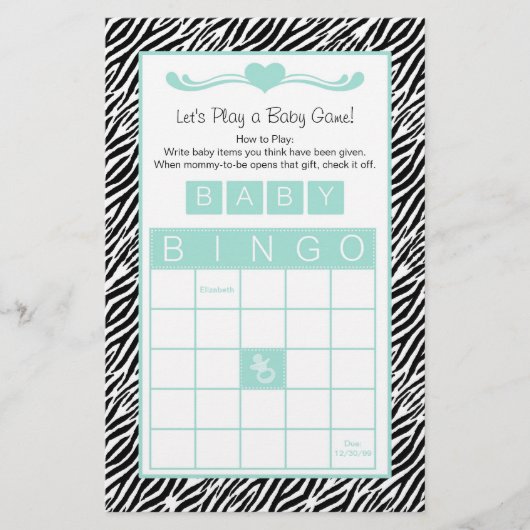 Baby Dusche Bingo Game Chic Aqua Mint Zebra (Vorderseite)