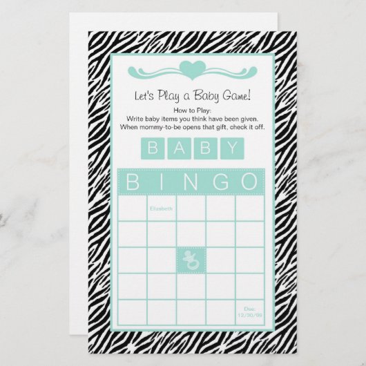 Baby Dusche Bingo Game Chic Aqua Mint Zebra (Vorne/Hinten)