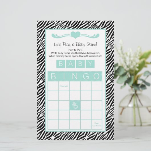 Baby Dusche Bingo Game Chic Aqua Mint Zebra (Stehend Vorderseite)