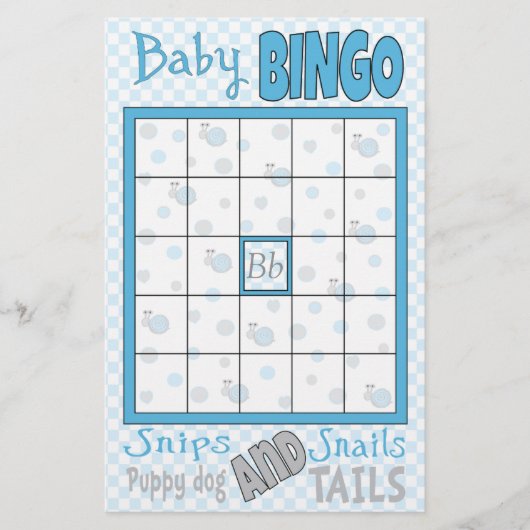 Baby Dusche BINGO "Snips and Snails" Flyer (Vorne)