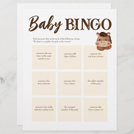 Baby Dusche Bingo Spiel braun personalisierte Vorl Briefbogen (Vorne/Hinten)