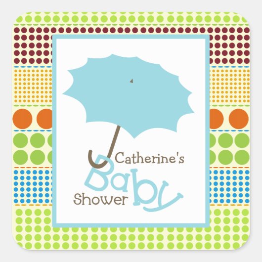 Baby Dusche Blauer Regenschirm & Boho Dots Quadratischer Aufkleber (Vorderseite)