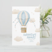 Baby Dusche Blue Heißluftballon Abenteuer erwartet Einladung (Stehend Vorderseite)