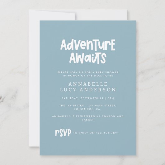 Baby Dusche Blue Heißluftballon Abenteuer erwartet Einladung (Rückseite)