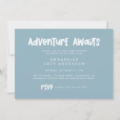 Baby Dusche Blue Heißluftballon Abenteuer erwartet Einladung (Rückseite)