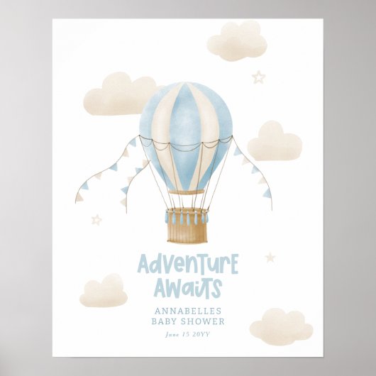 Baby Dusche Blue Heißluftballon Abenteuer erwartet Poster (Vorne)