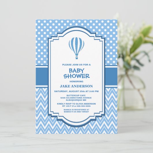 Baby Dusche Blue Hot Air Ballon Einladung (Stehend Vorderseite)
