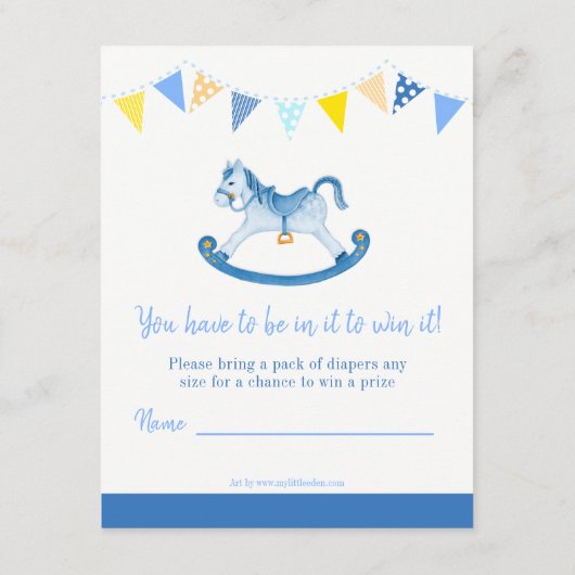 Baby Dusche Blue Rocking Pferd Windpreisraffinerie Begleitkarte (Rückseite)