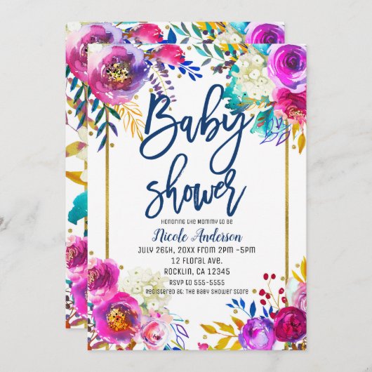 Baby Dusche Blue Script Bold Watercolor Floral Einladung (Vorne/Hinten)