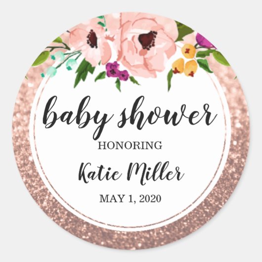 Baby Dusche Blume Crown Glitzer Rosa Rose Gold Runder Aufkleber (Vorderseite)