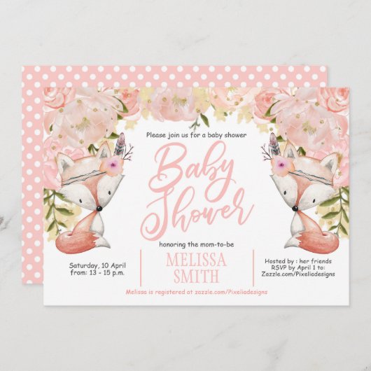 Baby-Dusche, Blütendusche, Fuchs, Babydusche Einladung (Vorne/Hinten)