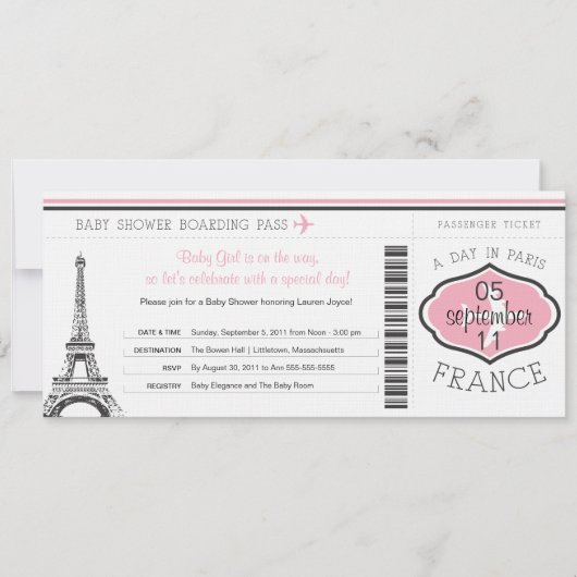 Baby Dusche Boarding Pass auf Paris Einladung (Vorderseite)