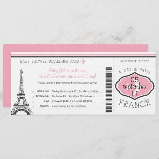 Baby Dusche Boarding Pass auf Paris Einladung (Vorne/Hinten)