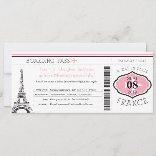 Baby Dusche Boarding Pass auf Paris Einladung (Vorderseite)