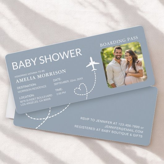 Baby Dusche Boarding Pass Flugzeug Dusty Blue Tick