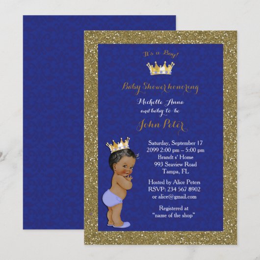 Baby Dusche BOY, goldener Rahmen, blau & gold. Einladung (Vorne/Hinten)