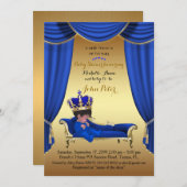 Baby Dusche BOY, goldener Streifen, blau & gold. Einladung (Vorne/Hinten)