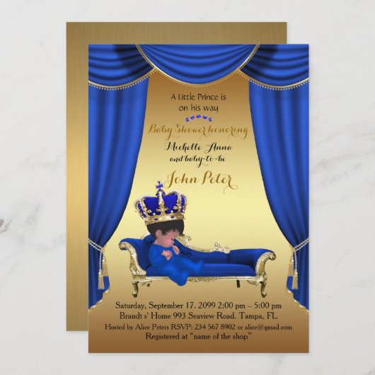 Baby Dusche BOY, goldener Streifen, blau & gold. Einladung (Vorne/Hinten)