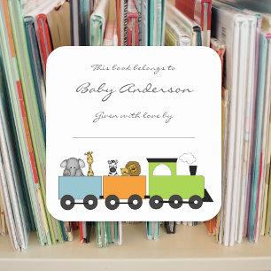Baby Dusche Buchzeichen / Safari Tierzug Quadratischer Aufkleber