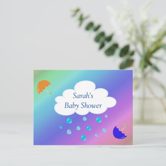 Baby Dusche Custom mit Cloud Umbrellas Regenbogen Postkarte (Stehend Vorderseite)