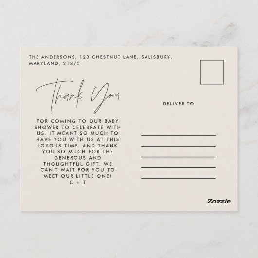 Baby Dusche Dank schwarz creme elegant modern Postkarte (Rückseite)