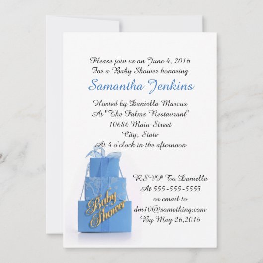 Baby Dusche Einladung Boy Blue Packages (Rückseite)