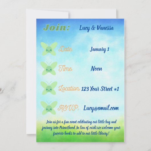 Baby Dusche Einladung Bug geschlechtsneutral grün (Rückseite)